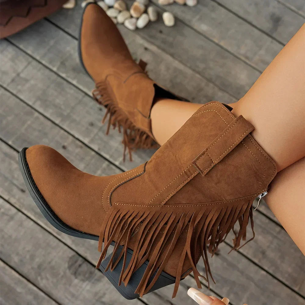 Women's Fringe Calf-High Western Boots with Fold-Over Strap
