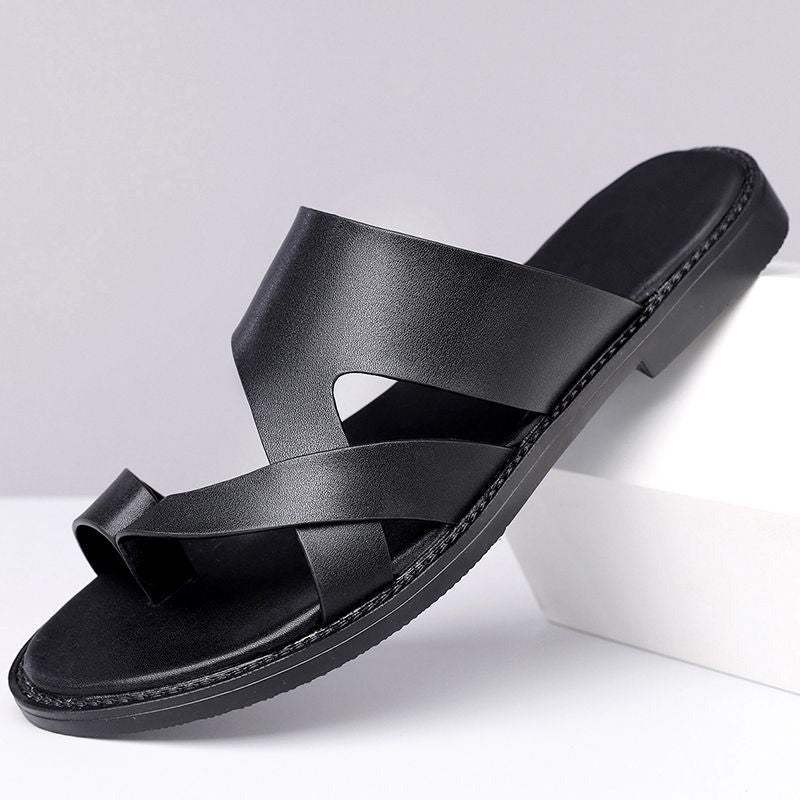 Cross-Strap Leather Slide Sandals