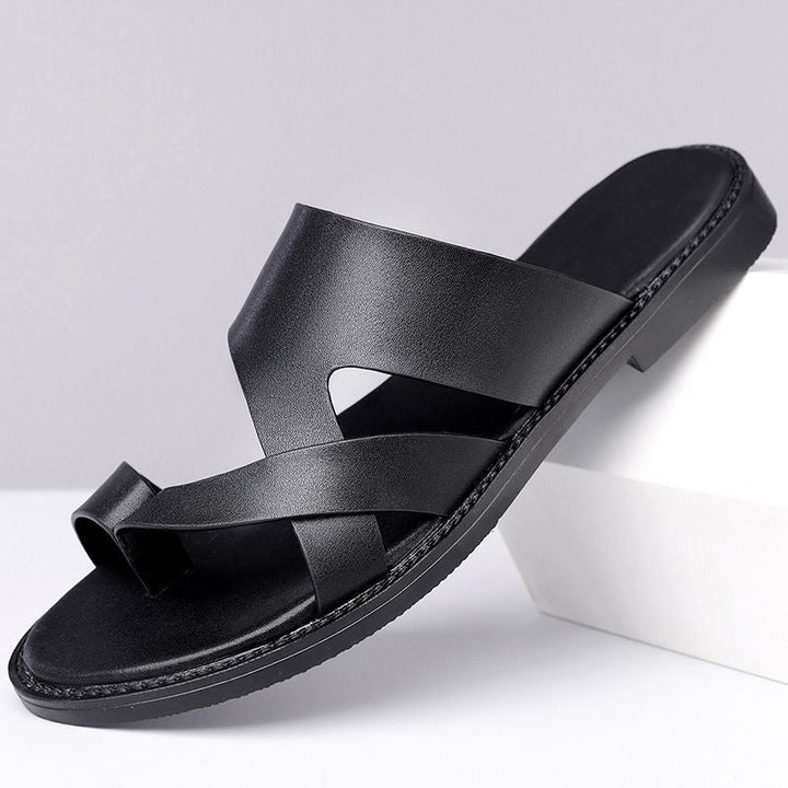 Cross-Strap Leather Slide Sandals