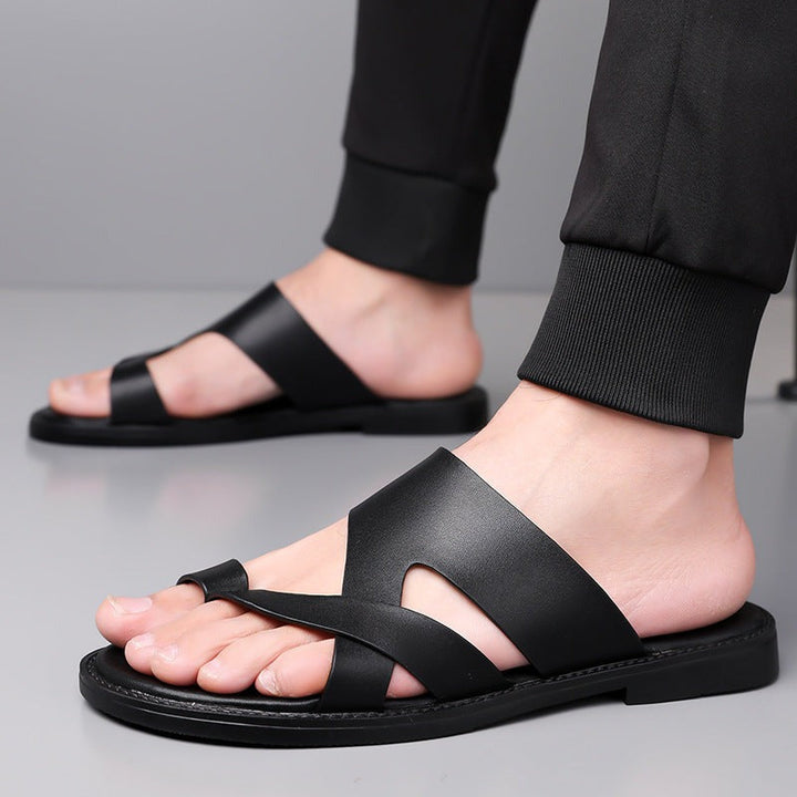 Cross-Strap Leather Slide Sandals
