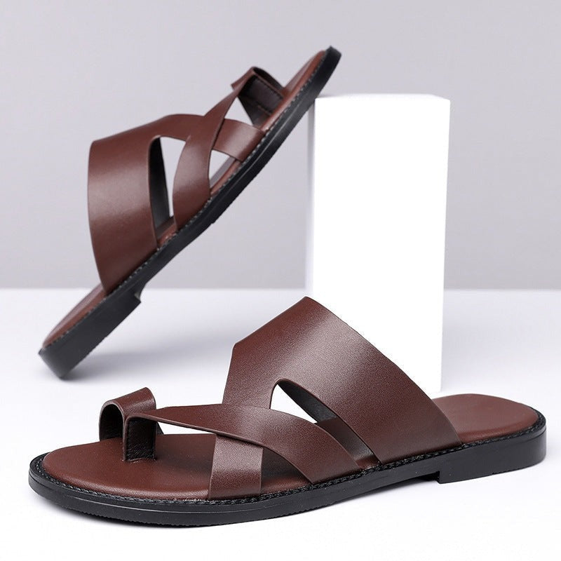 Cross-Strap Leather Slide Sandals