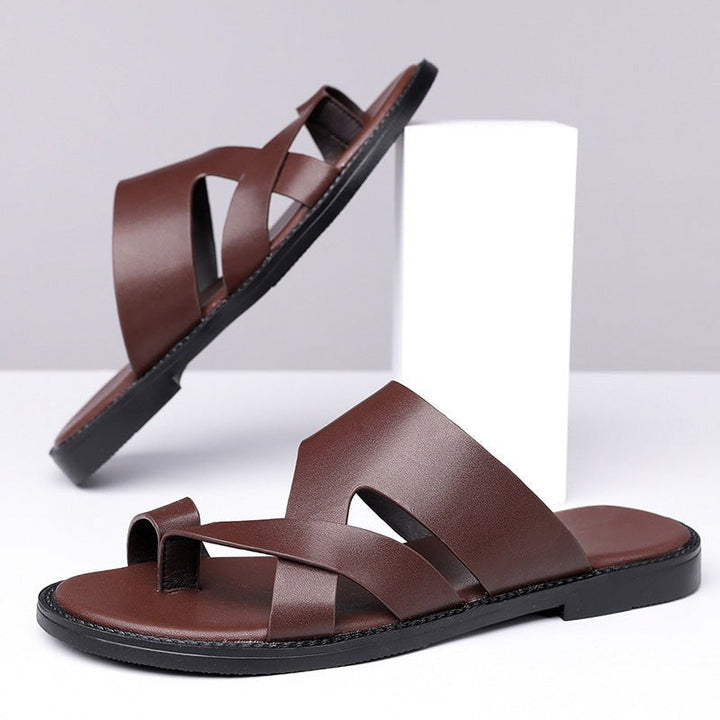 Cross-Strap Leather Slide Sandals