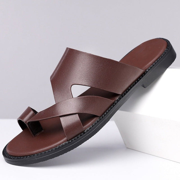 Cross-Strap Leather Slide Sandals