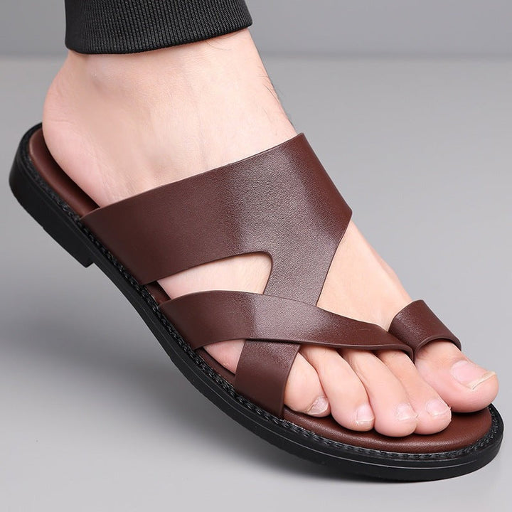 Cross-Strap Leather Slide Sandals