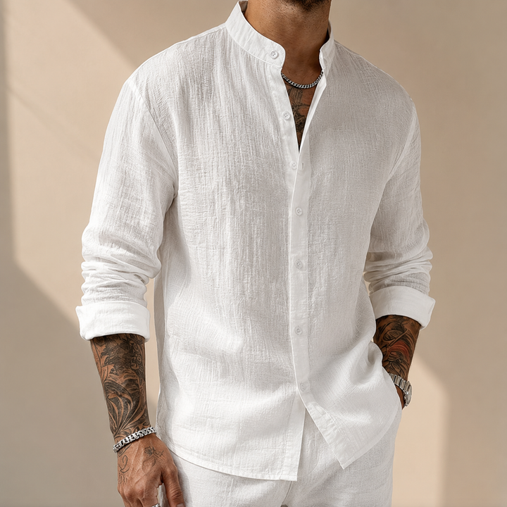 Men's Textured Band Collar Button-Up Shirt