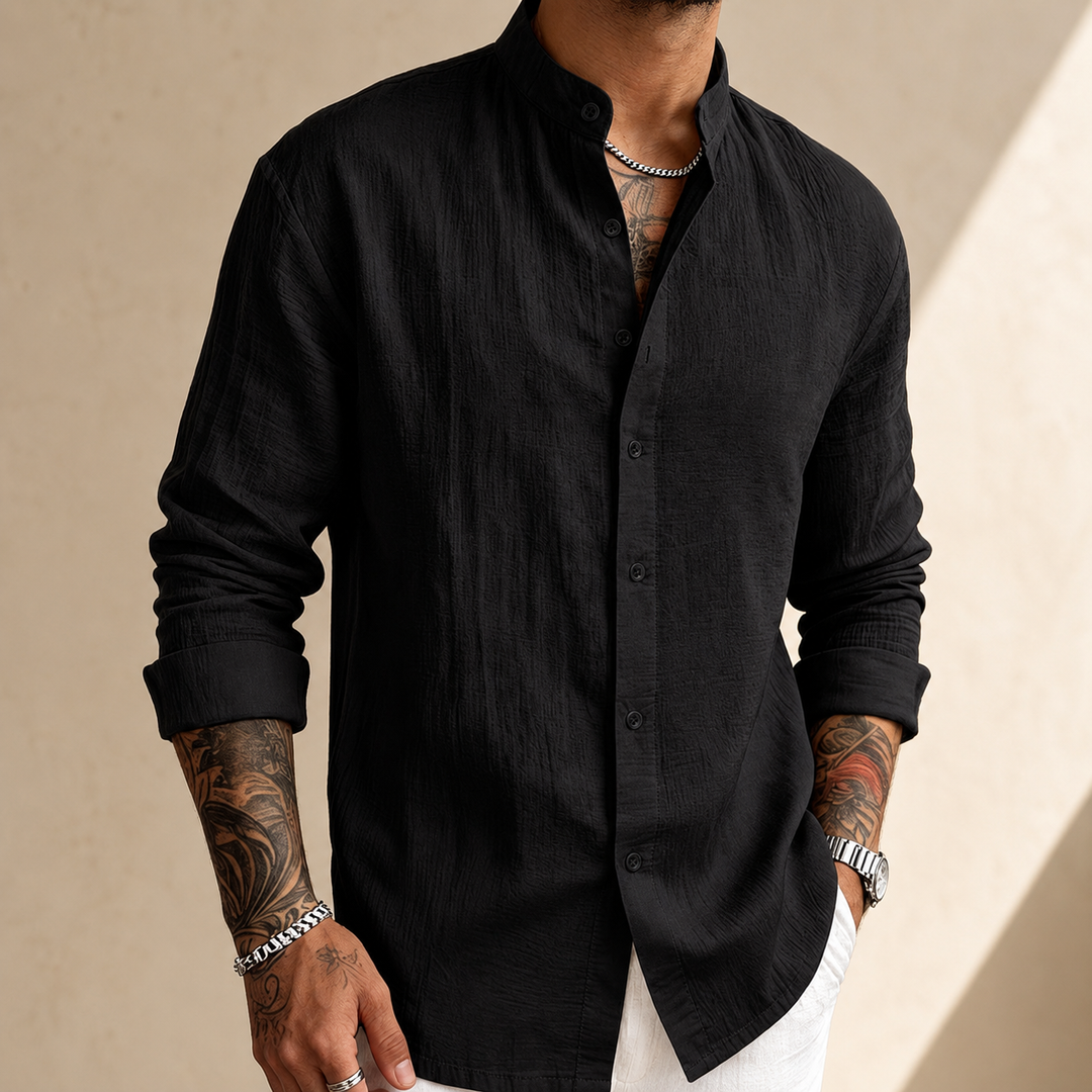 Men's Textured Band Collar Button-Up Shirt