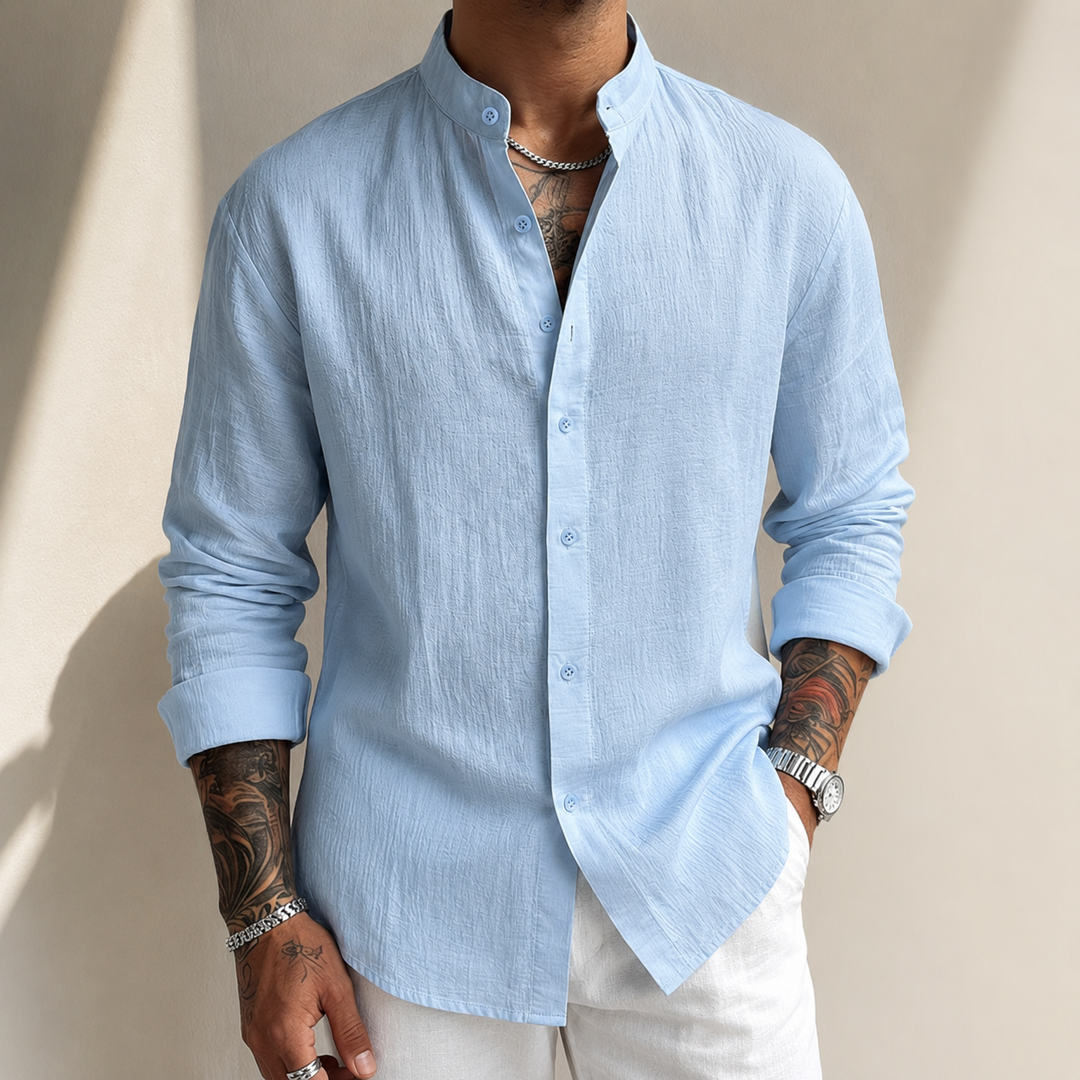Men's Textured Band Collar Button-Up Shirt