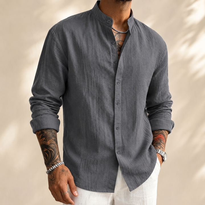 Men's Textured Band Collar Button-Up Shirt