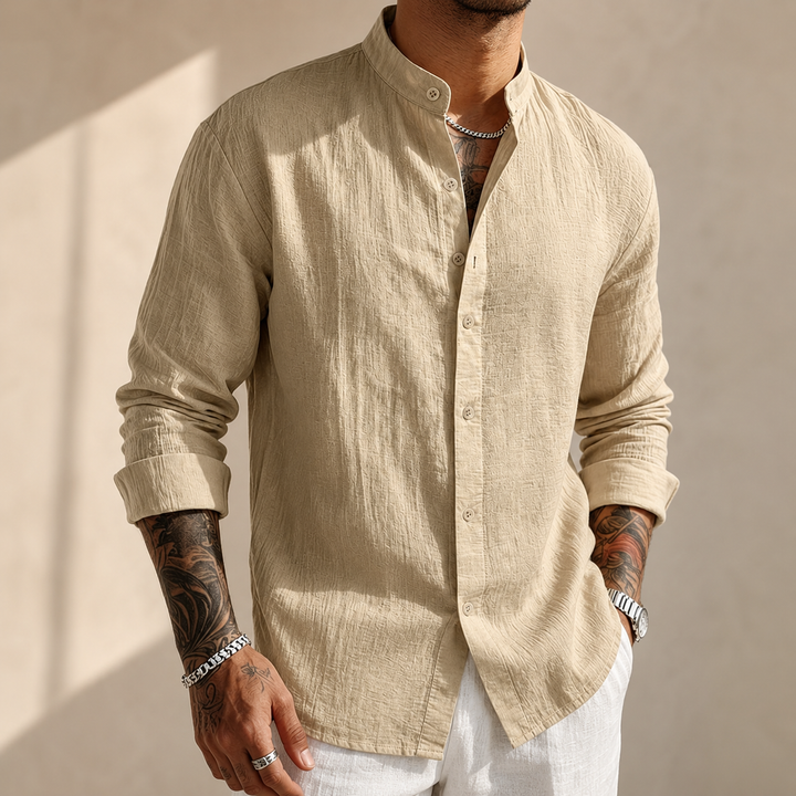 Men's Textured Band Collar Button-Up Shirt