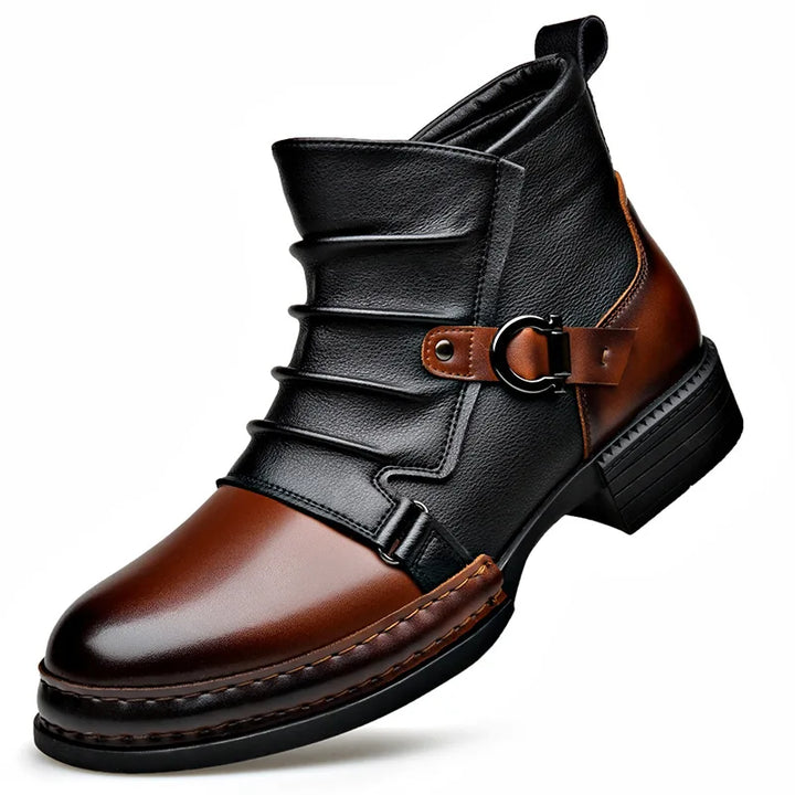 Men's Ruched Leather Ankle Boots with Buckle Strap