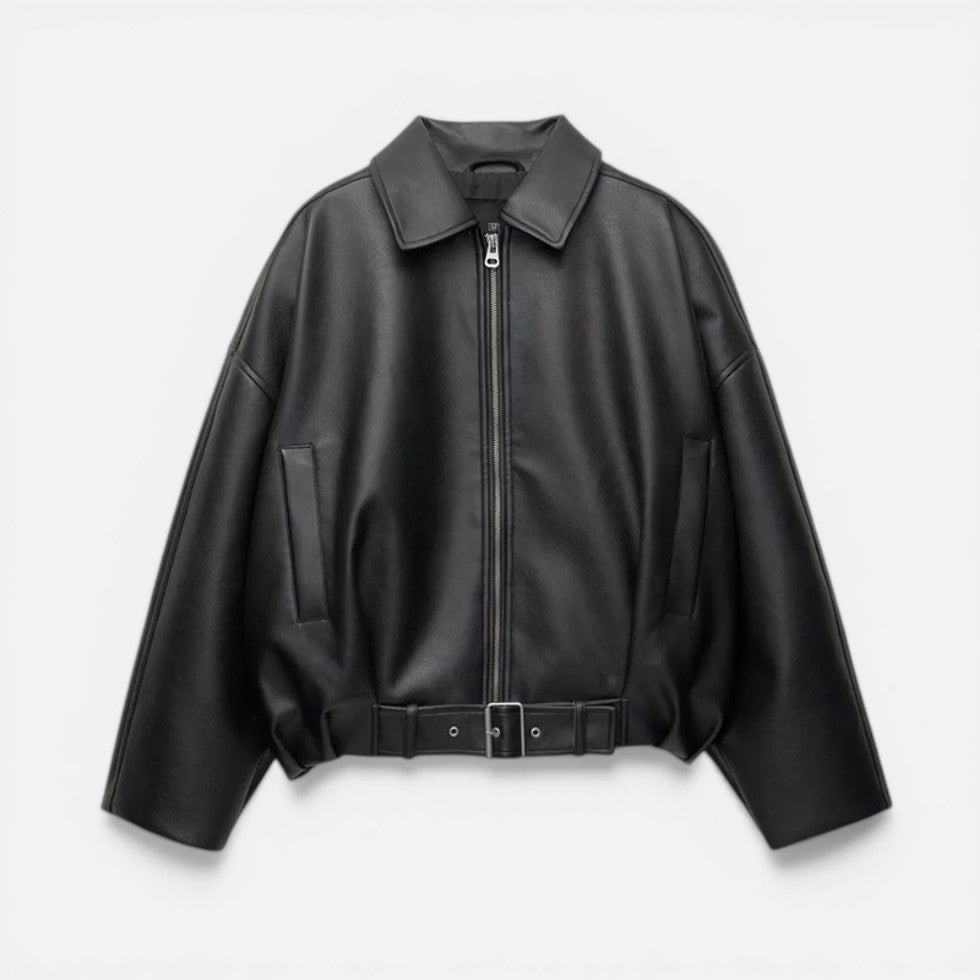 Women's Oversized Belted Bomber Jacket with Front Zip