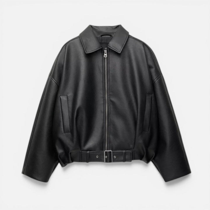 Women's Oversized Belted Bomber Jacket with Front Zip