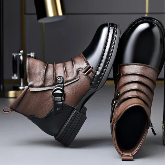 Men's Ruched Leather Ankle Boots with Buckle Strap