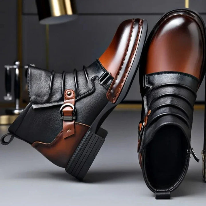 Men's Ruched Leather Ankle Boots with Buckle Strap