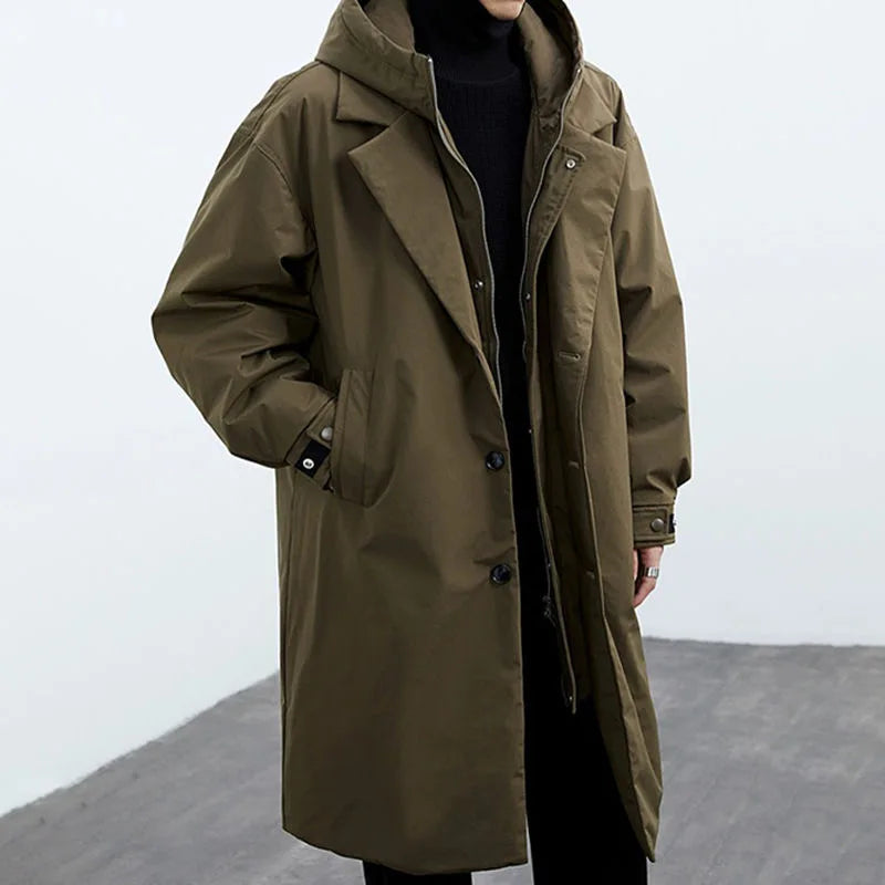 Men's Long Hooded Utility Coat with Button Placket