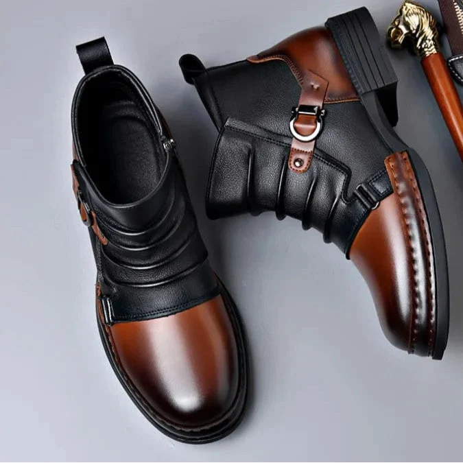 Men's Ruched Leather Ankle Boots with Buckle Strap