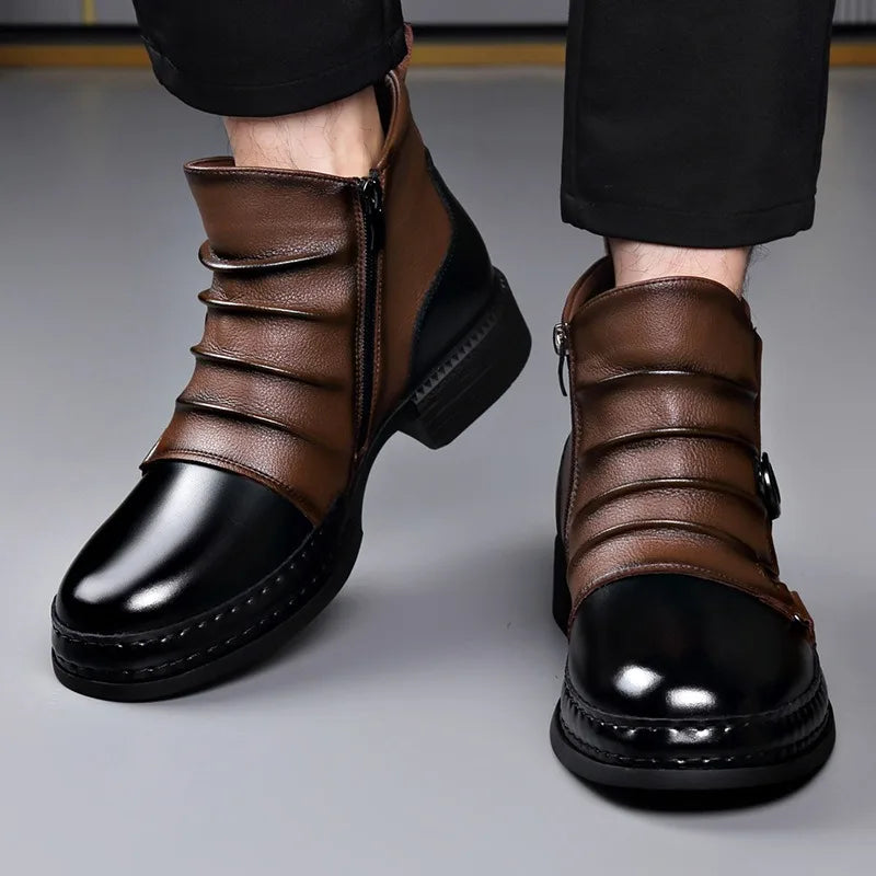 Men's Ruched Leather Ankle Boots with Buckle Strap