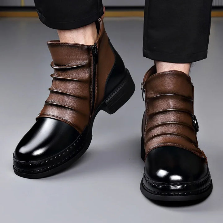 Men's Ruched Leather Ankle Boots with Buckle Strap