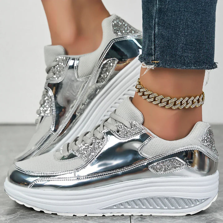 Women's Glitter Platform Sneakers with Lace-Up Closure