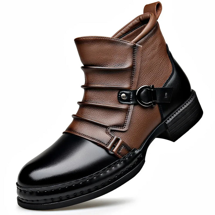 Men's Ruched Leather Ankle Boots with Buckle Strap