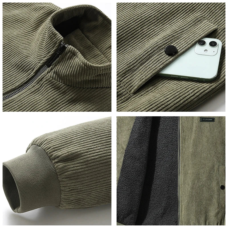 Men's Fleece Lined Corduroy Bomber Jacket with Zip Front