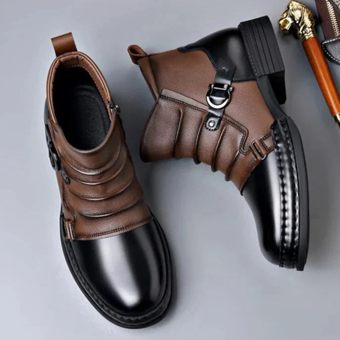 Men's Ruched Leather Ankle Boots with Buckle Strap
