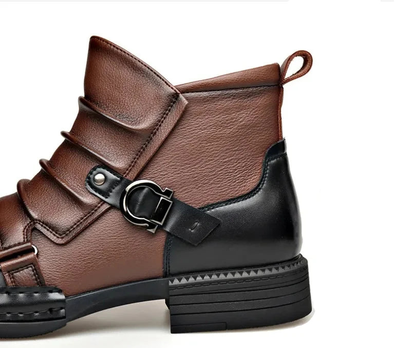 Men's Ruched Leather Ankle Boots with Buckle Strap