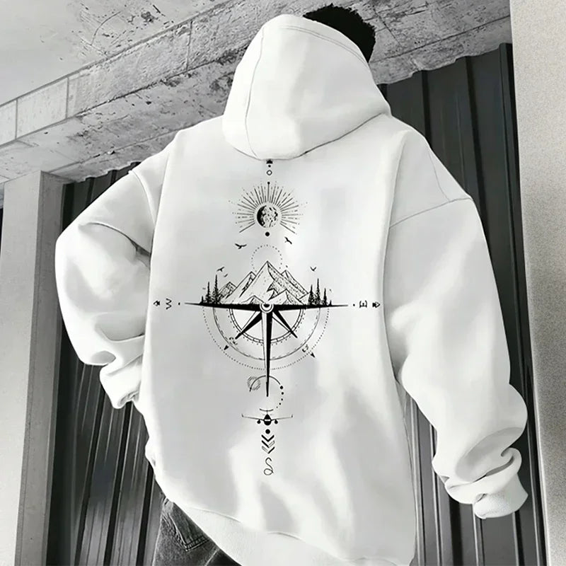 Men's Fleece Oversized Hoodie with Mountain Compass Graphic
