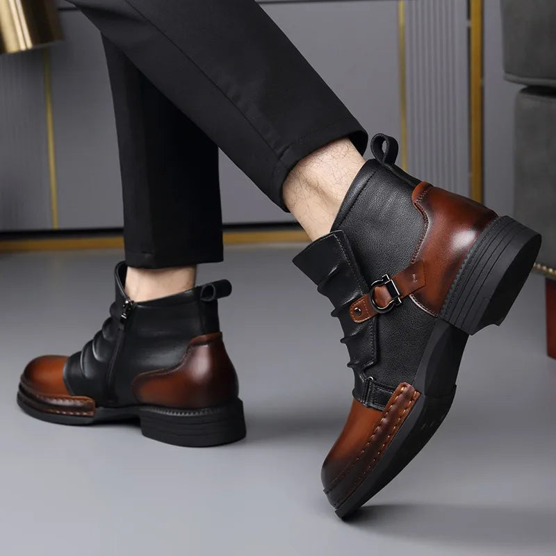 Men's Ruched Leather Ankle Boots with Buckle Strap