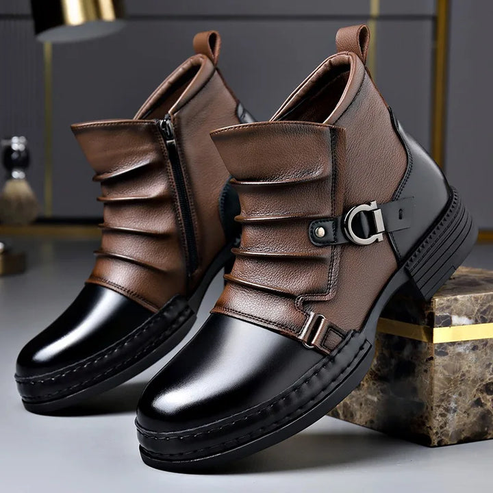 Men's Ruched Leather Ankle Boots with Buckle Strap