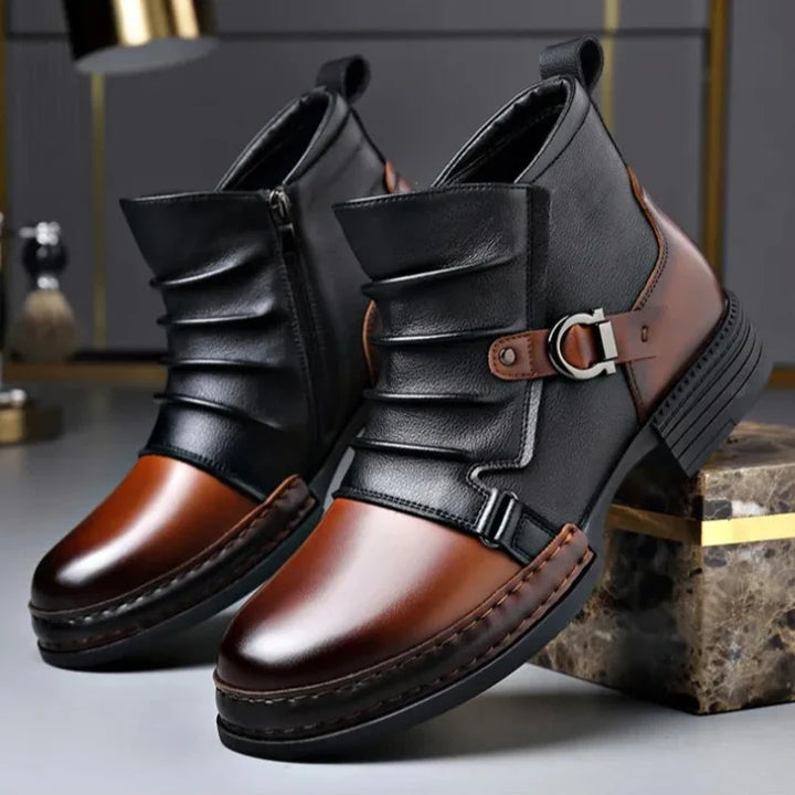 Men's Ruched Leather Ankle Boots with Buckle Strap