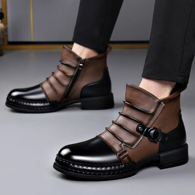 Men's Ruched Leather Ankle Boots with Buckle Strap