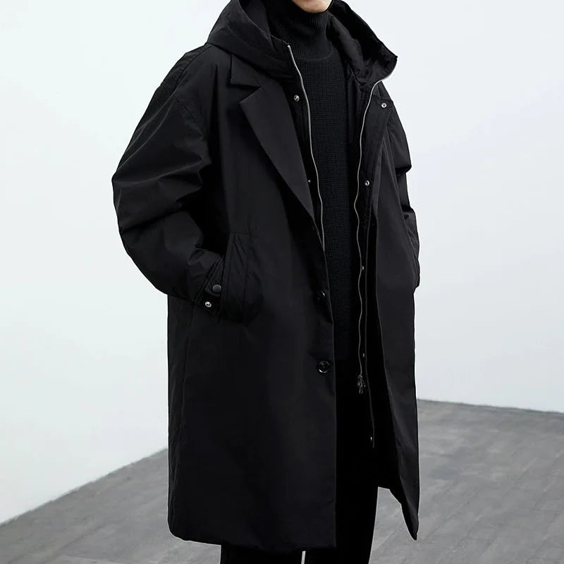 Men's Long Hooded Utility Coat with Button Placket