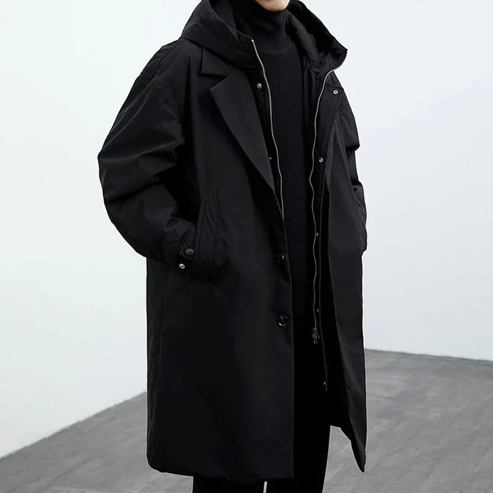 Men's Long Hooded Utility Coat with Button Placket