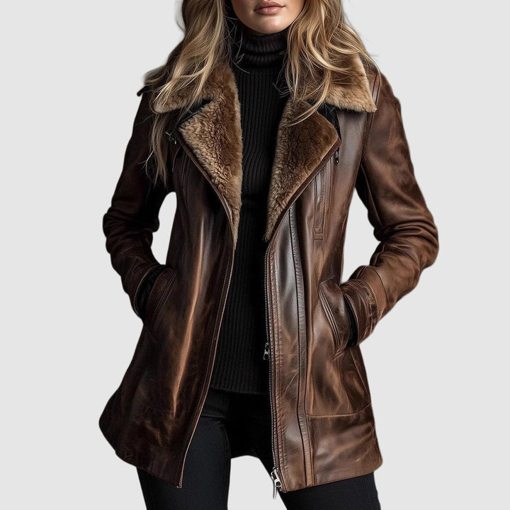 Women's Shearling Collar Mid-Length Jacket with Zip Front