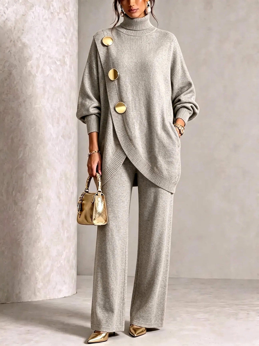 Women's Turtleneck Tunic and Wide-Leg Pants Knit Set