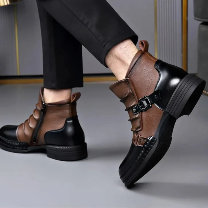 Men's Ruched Leather Ankle Boots with Buckle Strap