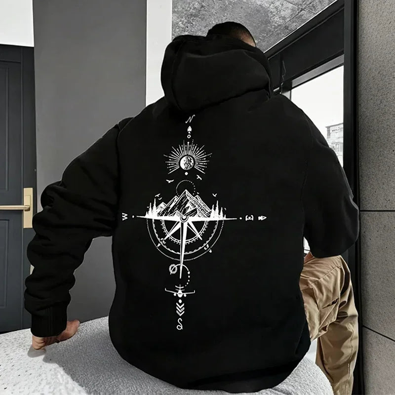 Men's Fleece Oversized Hoodie with Mountain Compass Graphic
