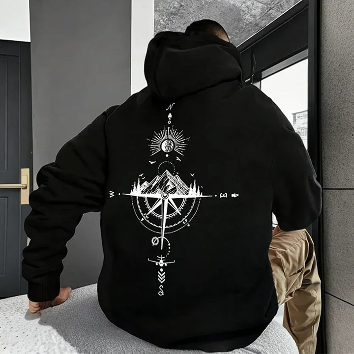 Men's Fleece Oversized Hoodie with Mountain Compass Graphic