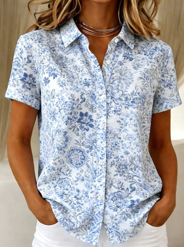 Women's Floral Print Button-Up Shirt with Collar