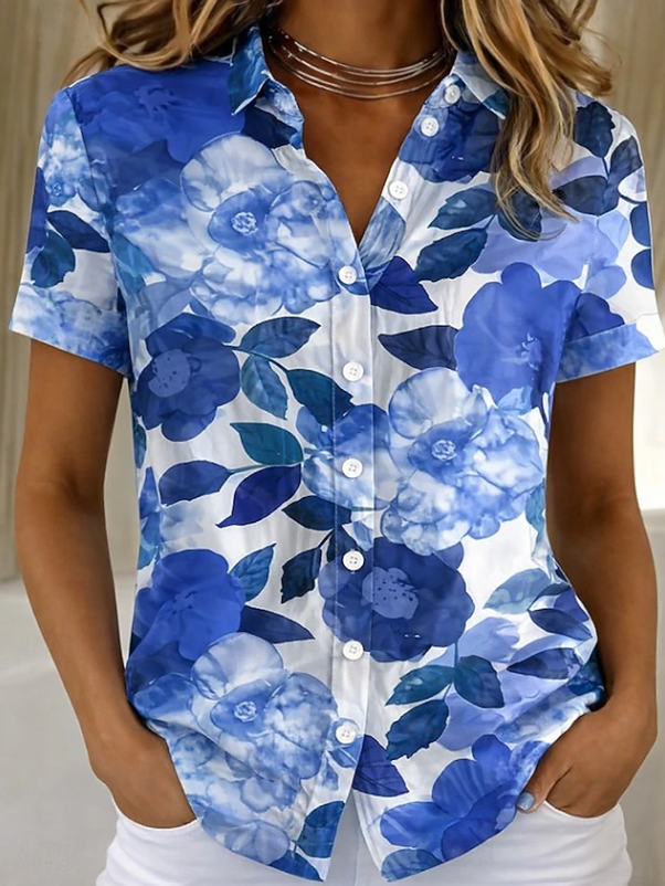 Women's Floral Print Button-Up Shirt with Collar