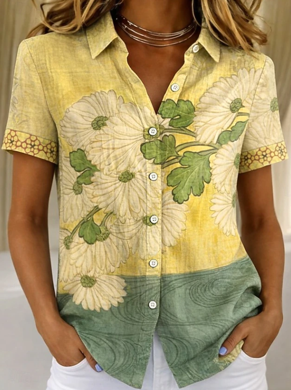 Women's Floral Print Button-Up Shirt with Collar