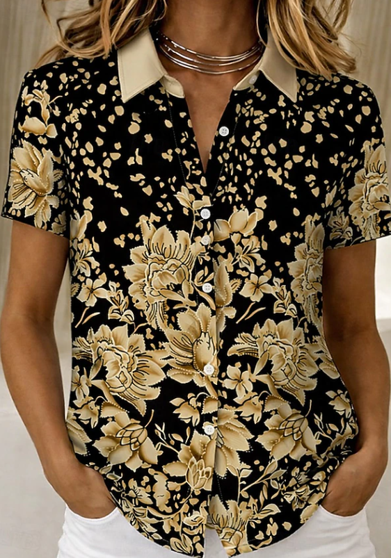 Women's Floral Print Button-Up Shirt with Collar