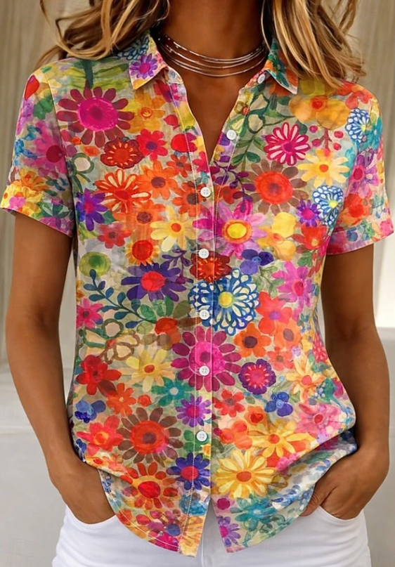 Women's Floral Print Button-Up Shirt with Collar