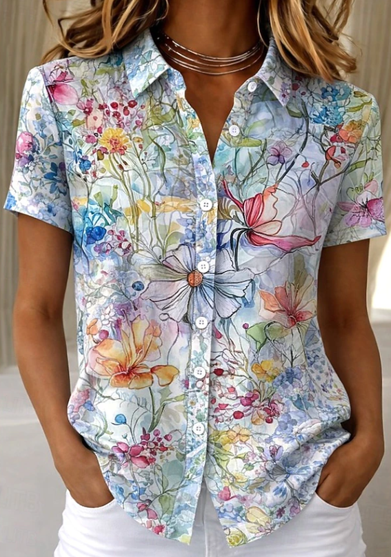 Women's Floral Print Button-Up Shirt with Collar
