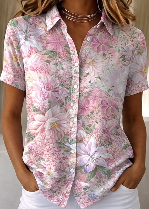 Women's Floral Print Button-Up Shirt with Collar