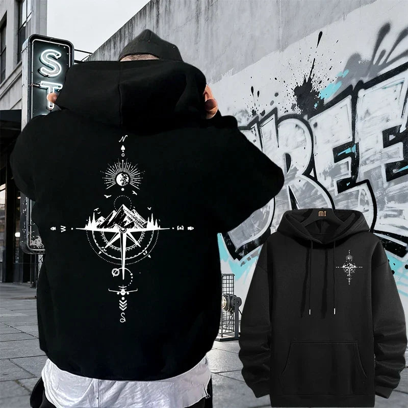 Men's Fleece Oversized Hoodie with Mountain Compass Graphic
