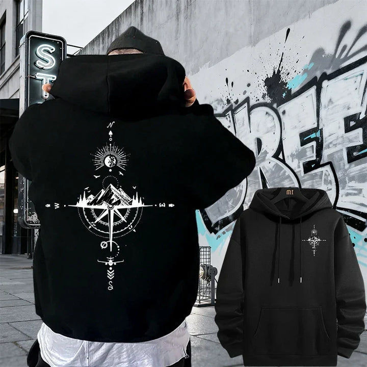 Men's Fleece Oversized Hoodie with Mountain Compass Graphic
