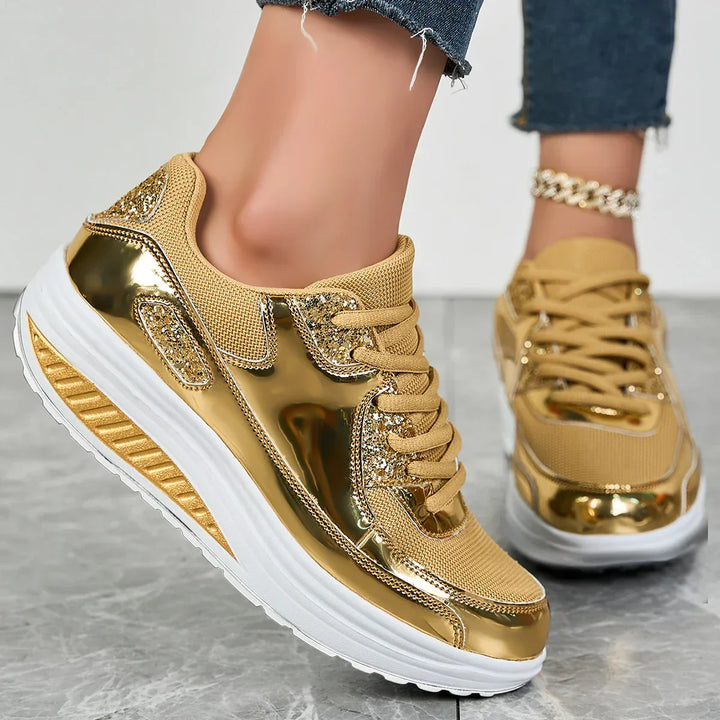 Women's Glitter Platform Sneakers with Lace-Up Closure