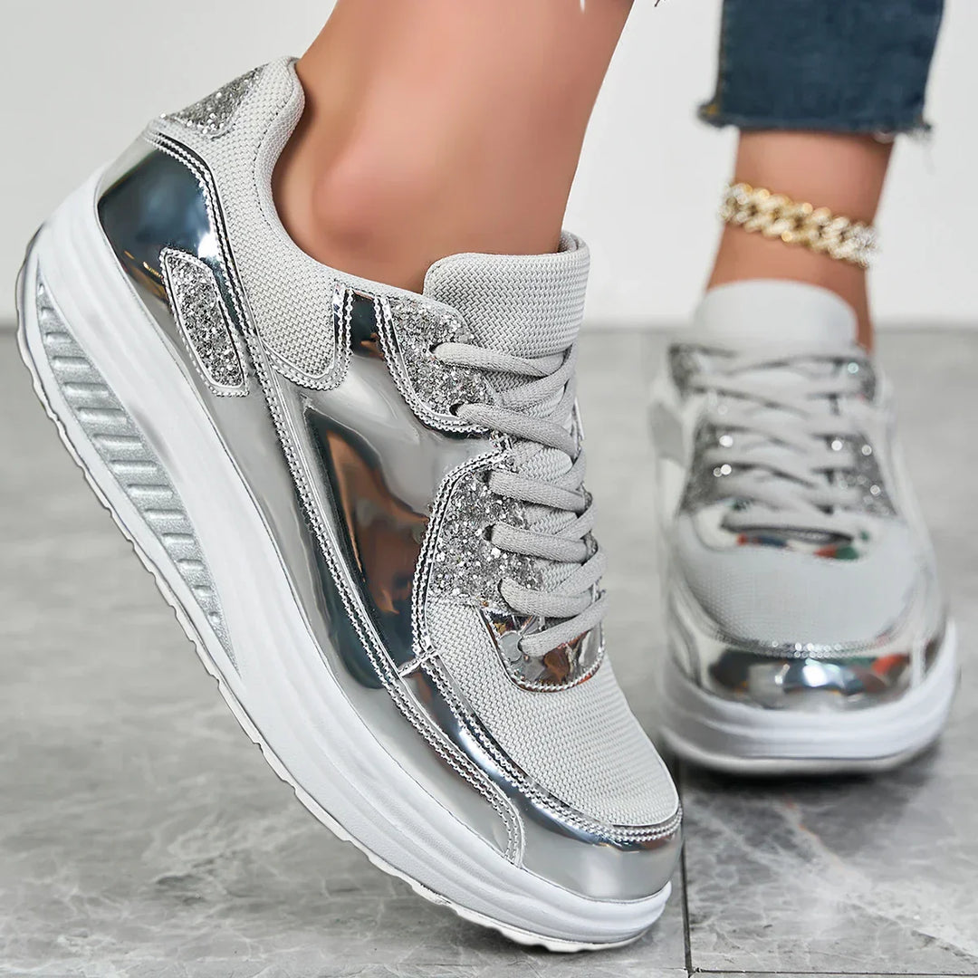 Women's Glitter Platform Sneakers with Lace-Up Closure